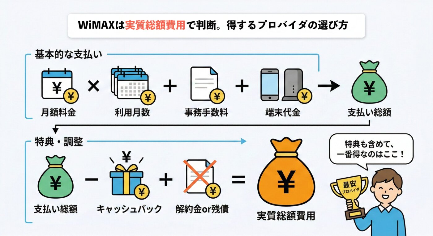 WiMAXを最安値で使うための計算式は月額×利用月数＋事務手数料＋端末代＝支払い総額−キャッシュバック＋解約金＝実質総額
