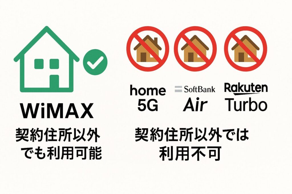 WiMAXは設置場所住所以外でも持ち出して利用することがOK、ただしそれ以外のホームルーターサービスは原則設置場所住所以外の利用はNG