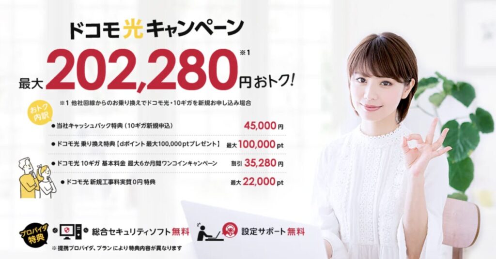 NNコミュニケーションズのドコモ光は最短1ヶ月で35,000円キャッシュバック