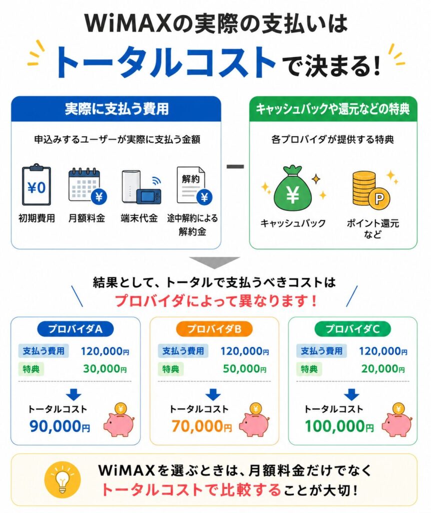 WiMAXは初期費用・月額料金・端末代金・解約金からキャッシュバックなどの特典を含めた総支払額を比較すると、プロバイダごとに実質負担額が異なる。