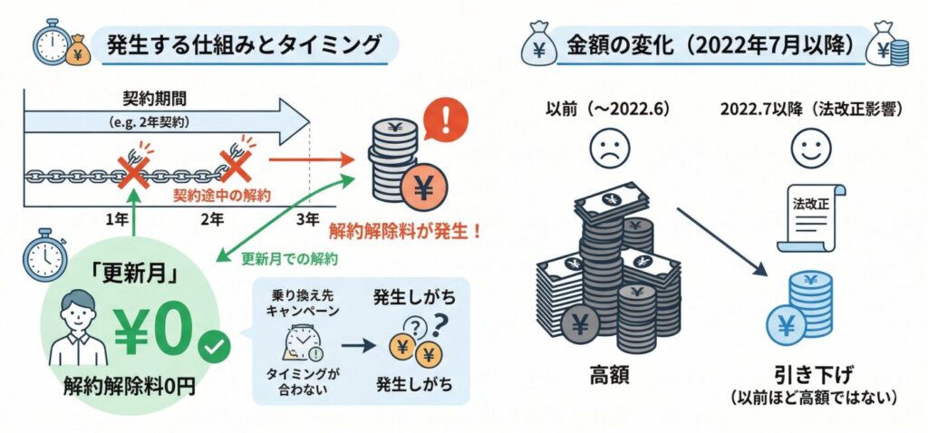 光回線やホームルーターサービスでは「2年契約」「3年契約」といった契約期間の途中で解約すると発生します。