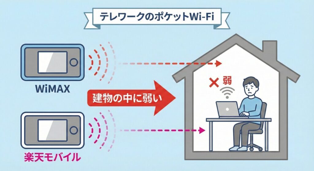 テレワークのポケットWi-Fiで「WiMAX」や「楽天モバイル」は建物の中に弱い。理由はメインでプラチナバンドを使用していないからです。