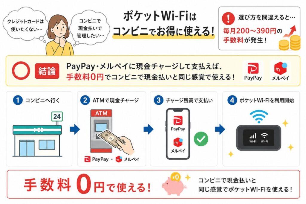 ポケットWi-Fiをコンビニ現金払いで使う方法と手数料0円の仕組み、PayPay・メルペイへのATMチャージから支払いまでの流れ