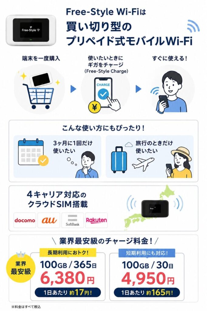 Free-Style Wi-Fiは端末を購入後に必要なときだけギガをチャージして使える買い切り型プリペイド式モバイルWi-Fiで、4キャリア対応と100GB/365日6,380円の低価格チャージが特徴。