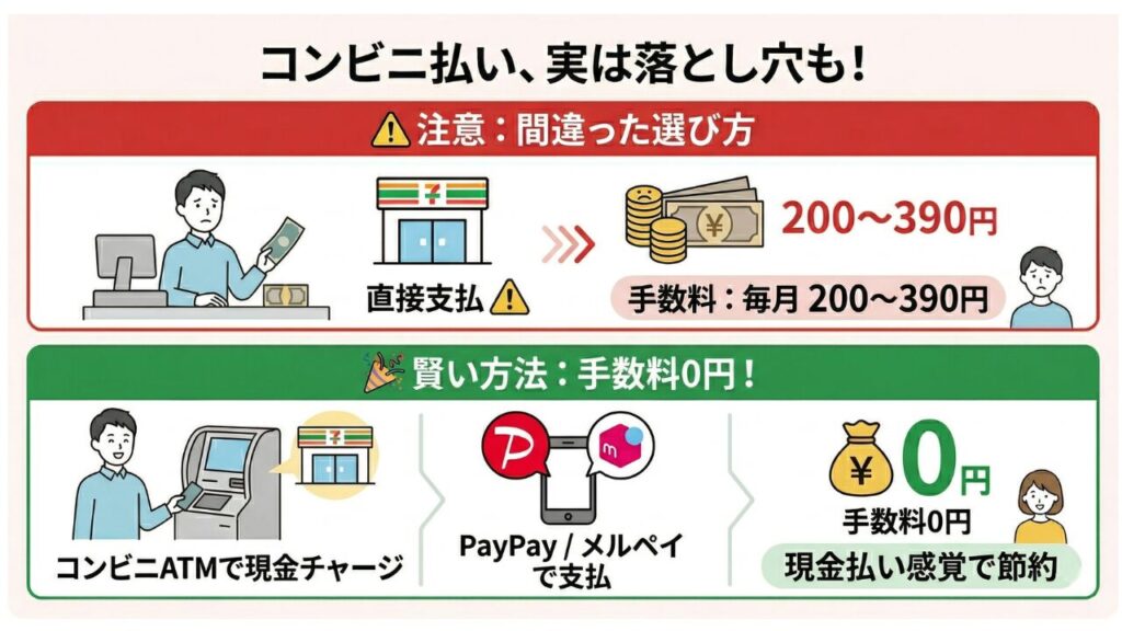 ただ調べてみると、一口に「コンビニ払い対応」といってもサービスごとに手数料や対応している決済サービスがまったく異なり、選び方を間違えると毎月200〜390円の手数料が発生し続けることになります。