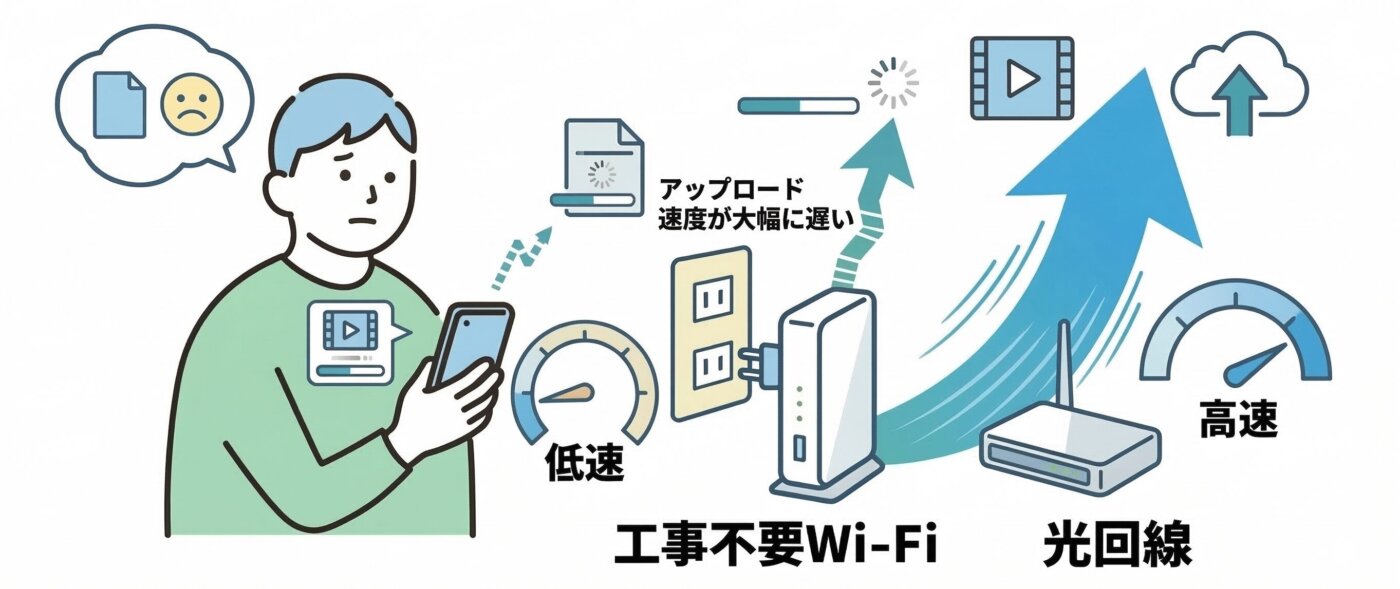 工事不要なWiFiはデータのアップロード速度が光回線に比べてかなり遅いのがデメリット