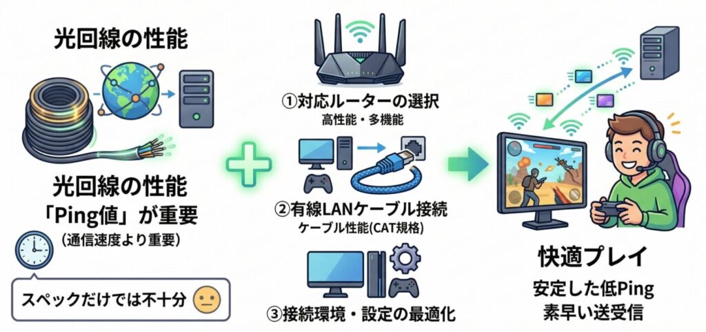 Ping値を低く保つためには光回線の選び方も大事ですが、それを活かすルーターや有線接続などの接続状況も大事