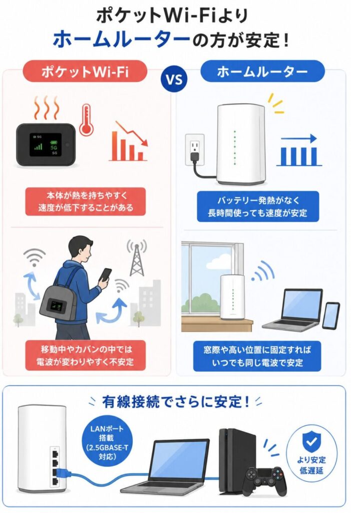 ポケットWi-Fiは発熱や移動による電波変化で通信が不安定になりやすく、ホームルーターは固定設置と有線接続で安定した通信を維持しやすい。