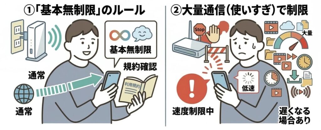 工事のいらないWiFiは完全無制限ではなく使いすぎると速度制限が行われる