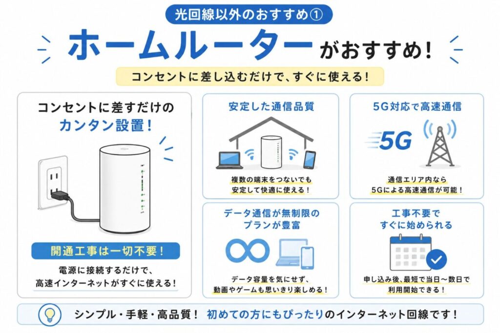 ホームルーターはコンセントに挿すだけで使え、工事不要・5G対応・データ無制限プランで高速通信が利用できる