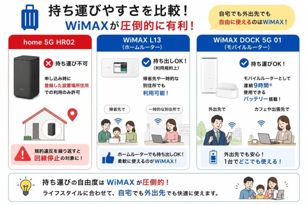 持ち運びについてはWiMAXに大きなアドバンテージがあります。L13はホームルーターですがWiMAXの利用規約上は持ち出しが認められており、帰省先や一時的な別住所での利用も可能です。