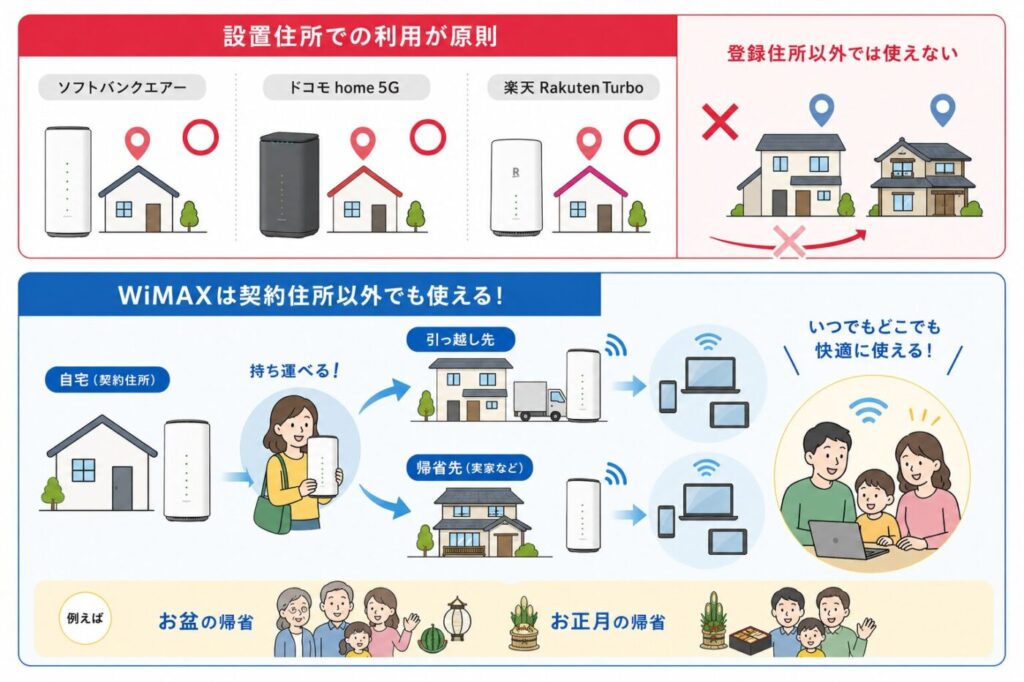 WiMAXは設置場所住所以外でも持ち出して利用することがOK、ただしそれ以外のホームルーターサービスは原則設置場所住所以外の利用はNG