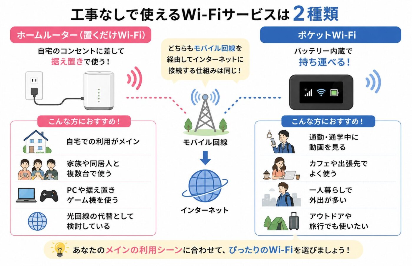 工事なしで使えるWi-Fiサービスの種類を比較した図。ホームルーター（置くだけWi-Fi）とポケットWi-Fiの違いや特徴をイラスト付きで紹介し、自宅利用向け・外出向けそれぞれにおすすめの利用シーン