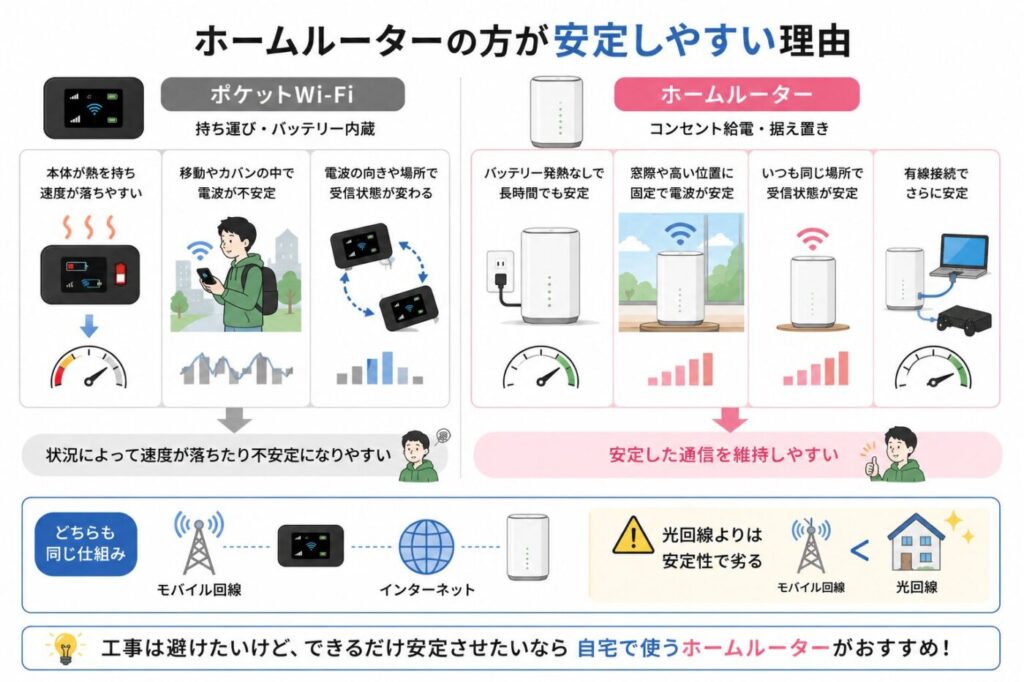 ホームルーターとポケットWi-Fiの通信安定性の違いを比較した図。バッテリー発熱や移動によって不安定になりやすいポケットWi-Fiに対し、コンセント給電・固定設置・有線接続対応で安定しやすいホームルーターの特徴