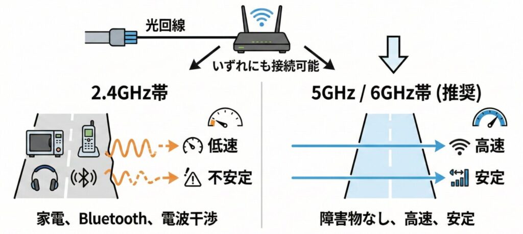 Wi-Fiの接続はなるべく干渉しづらい「5GHz/6GHz」で行う