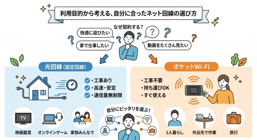 自宅でつながる高速光回線か、外でもつながるモバイル回線を使ったポケットWiFiかは利用目的で判断する