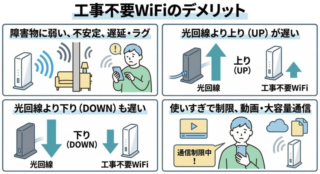 工事不要なWiFiのデメリット、障害物に弱い、アップロードが遅い、安定性が低い