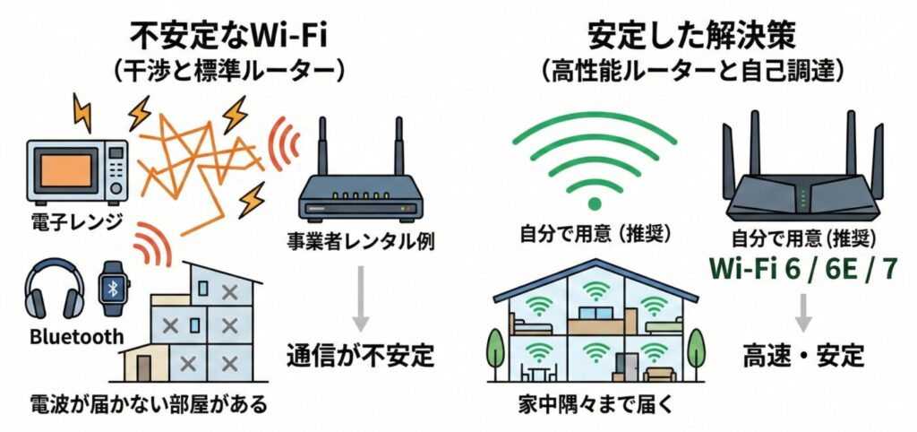光回線を使って安定したWi-Fi環境を構築するためには、最低でもWi-Fi 6/6E/7に対応したルーターを用意することが望ましいといえます。