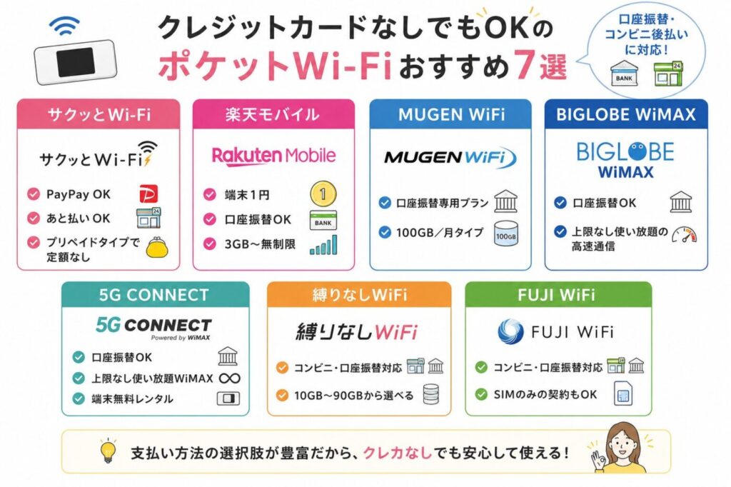 クレジットカードなしでもOKのポケットWi-Fiのおすすめ。口座振替・コンビニ後払い。