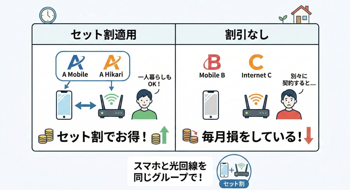 光回線は契約しているスマホと同じグループのスマホを選ぶことでセット割が適用できる
