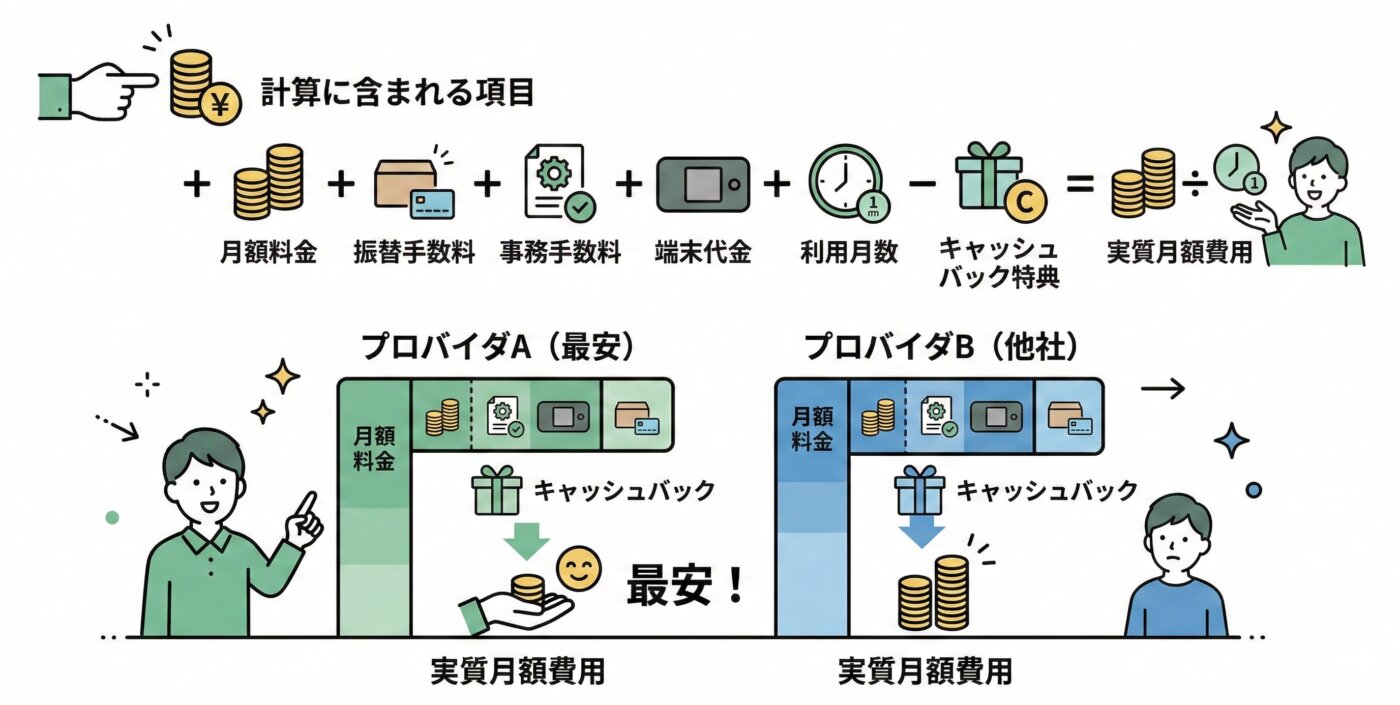 WiMAXの月額料金＋口座振替手数料×利用月数＋事務手数料＋端末代金＝総支払額-キャシュバック特典÷利用月数＝実質月額費用
