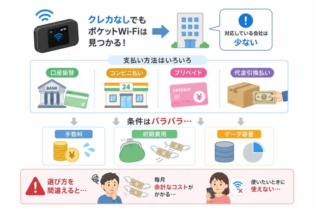 クレジットカードなしで使えるポケットWi-Fiの支払い方法と、手数料・初期費用・データ容量の違いに注意が必要