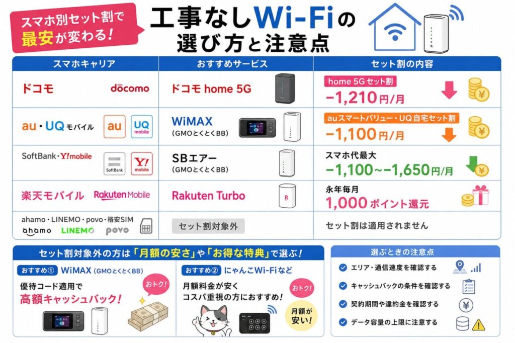 スマホキャリア別に工事なしWi-Fiのセット割・ポイント還元を比較した図。ドコモ home 5G、WiMAX、SBエアー、Rakuten Turboの割引内容や、ahamo・LINEMO・povo・格安SIMはセット割対象外である点、高額キャッシュバックや月額重視で選ぶポイント、契約時の注意点を一覧でまとめ