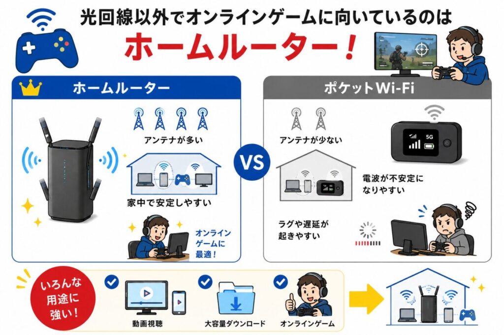 ホームルーターとポケットWi-Fiの通信安定性を比較し、オンラインゲームではホームルーターのほうがラグが少なく安定しやすい