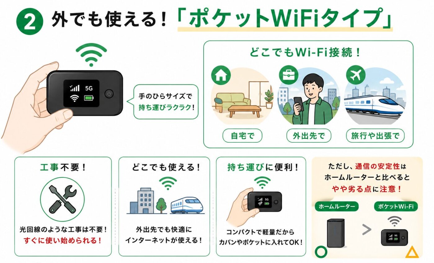 光回線以外で、外出先でもネットに接続するなら自宅でも外でも使えるポケットWiFiタイプ