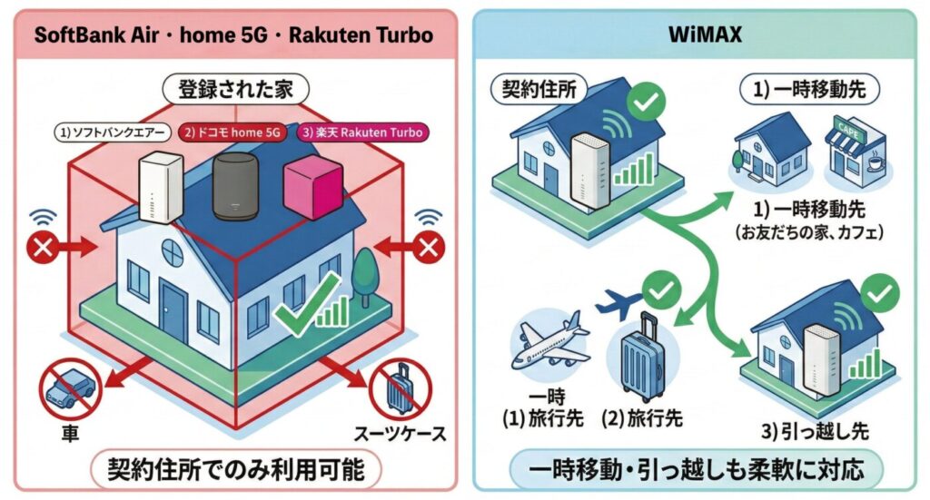 WiMAXは設置場所住所以外でも持ち出して利用することがOK、ただしそれ以外のホームルーターサービスは原則設置場所住所以外の利用はNG