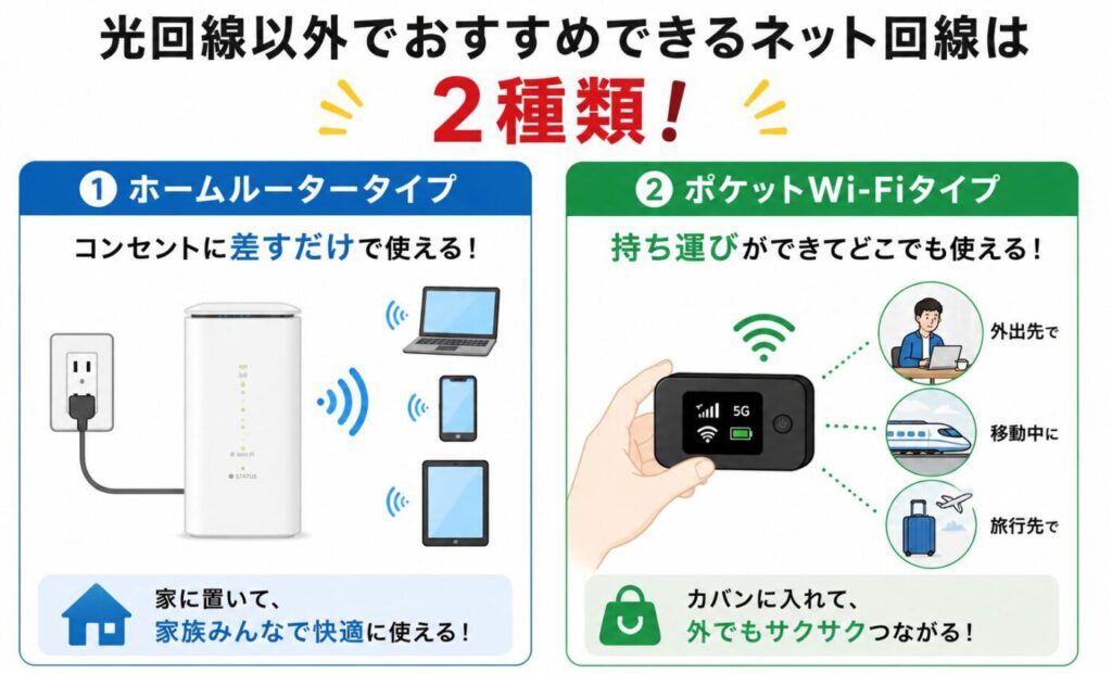 光回線以外でオンラインゲームをするならホームルーターもしくはポケットWiFiの2択からの選択になる