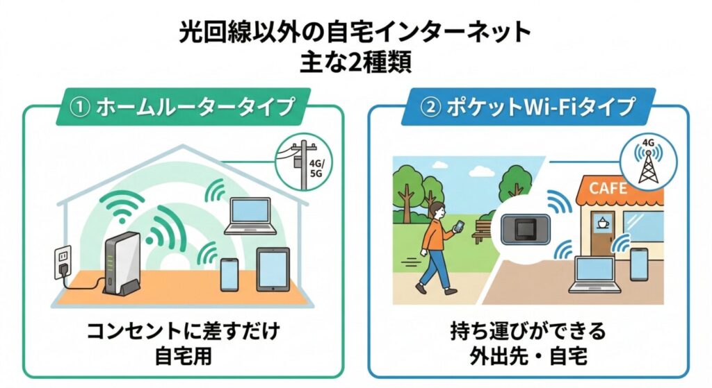光回線以外でオンラインゲームをするならホームルーターもしくはポケットWiFiの2択からの選択になる