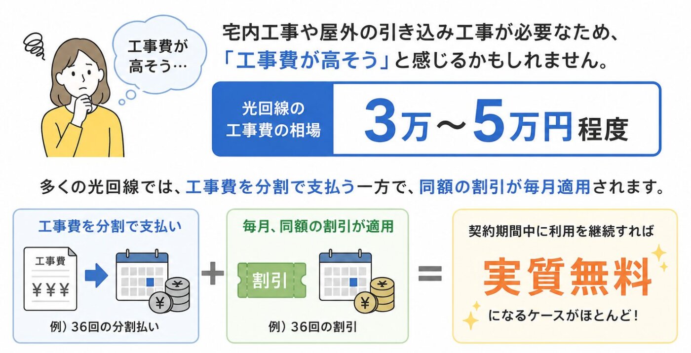 光回線の工事費は3万〜5万円程度が相場だが、多くのサービスでは工事費を分割払いしながら同額の割引が毎月適用されるため、契約期間中の利用継続で実質無料になる仕組み。初期費用を気にせず月額料金のみで始められるケースが多い