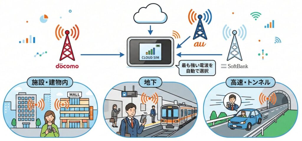 クラウドSIMのポケットWi-Fiは大手3キャリアのプラチナバンドに対応したエリアが使えるため、建物内や地下などあらゆる場所での接続に強い