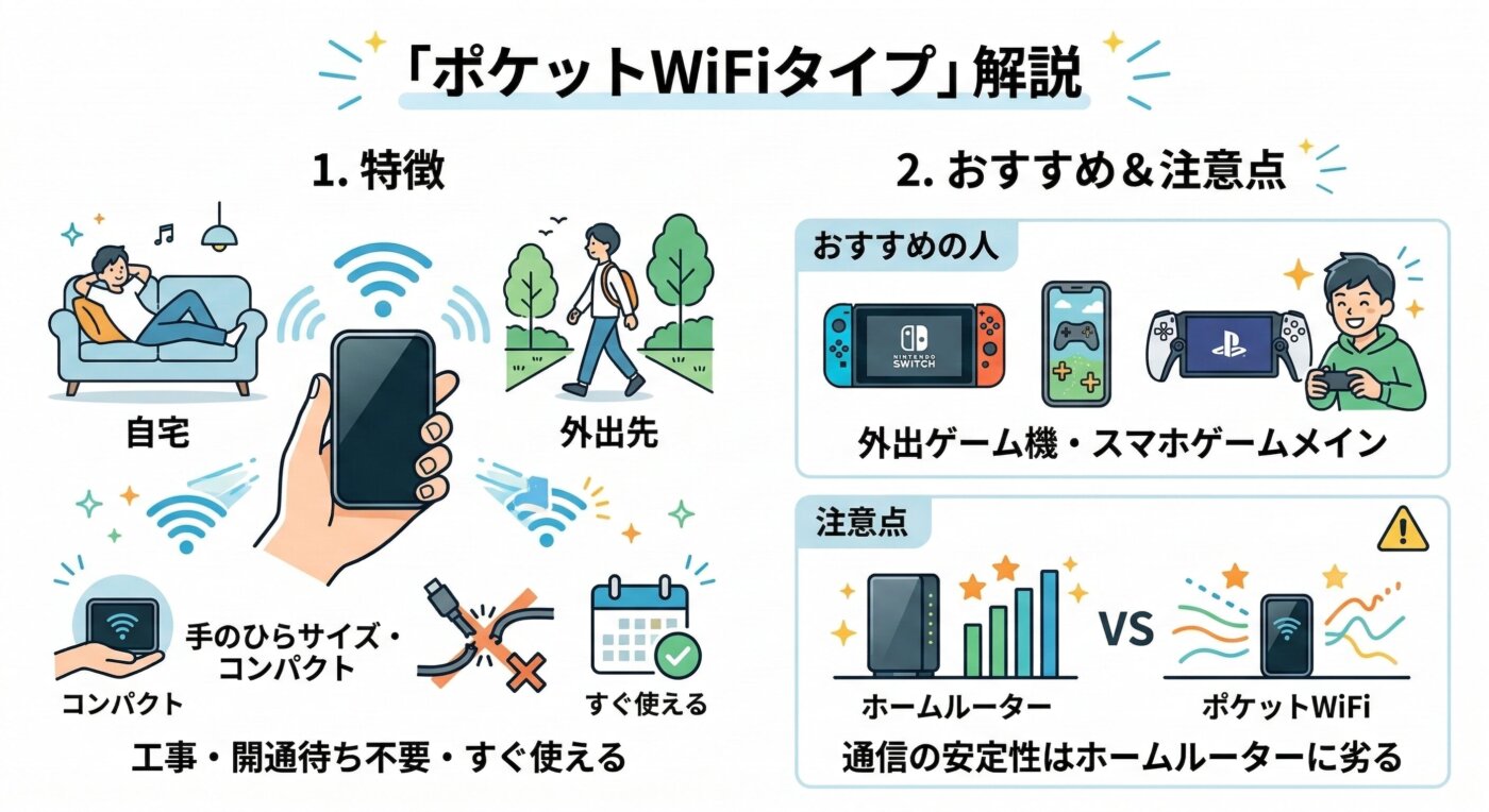 光回線以外で、外出先でもネットに接続するなら自宅でも外でも使えるポケットWiFiタイプ