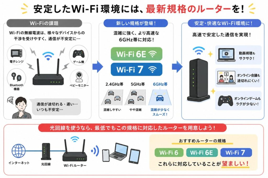 Wi-Fiが電子レンジやBluetooth機器などの電波干渉を受ける仕組みと、安定した通信のためにWi-Fi 6・Wi-Fi 6E・Wi-Fi 7対応ルーターが推奨