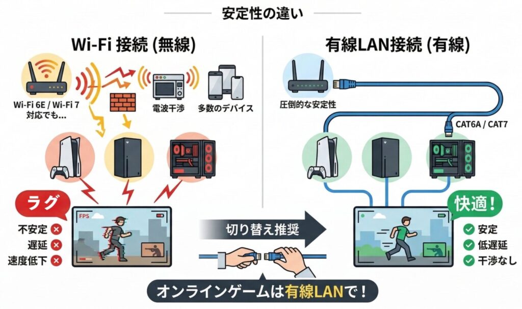 オンラインゲームで最もネット回線を安定させたいならLANケーブルによる有線接続が最も適している