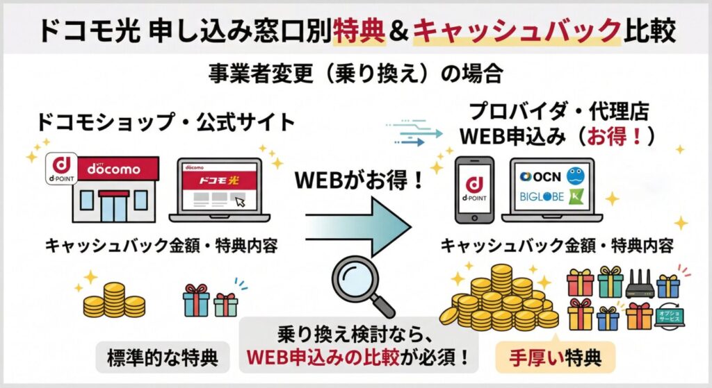 事業者変更でドコモ光へ乗り換える際、どの窓口から申し込むかによってキャッシュバック金額や特典内容が大きく変わります。