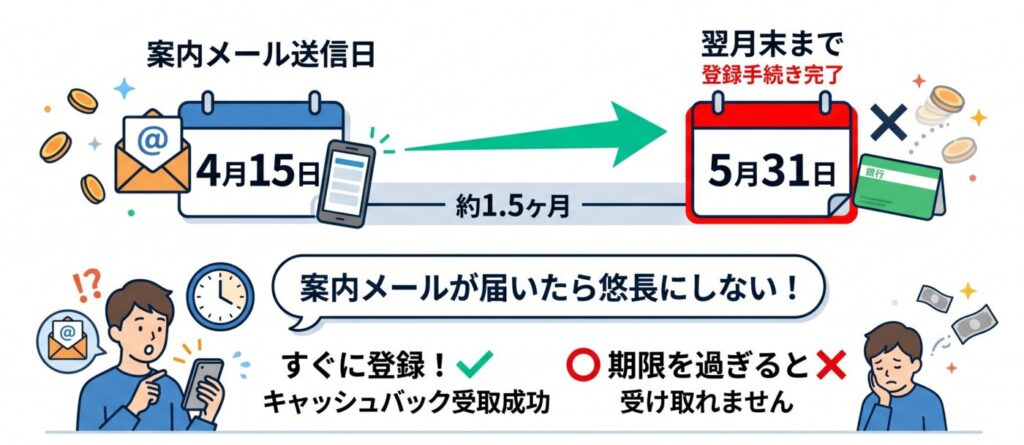キャッシュバックの口座登録期限は「案内メール送信日の翌月末」まで