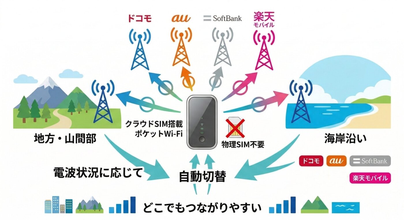 クラウドSIMは主要4キャリアの回線へ電波状況に合わせて自動接続するため、エリアの心配なし