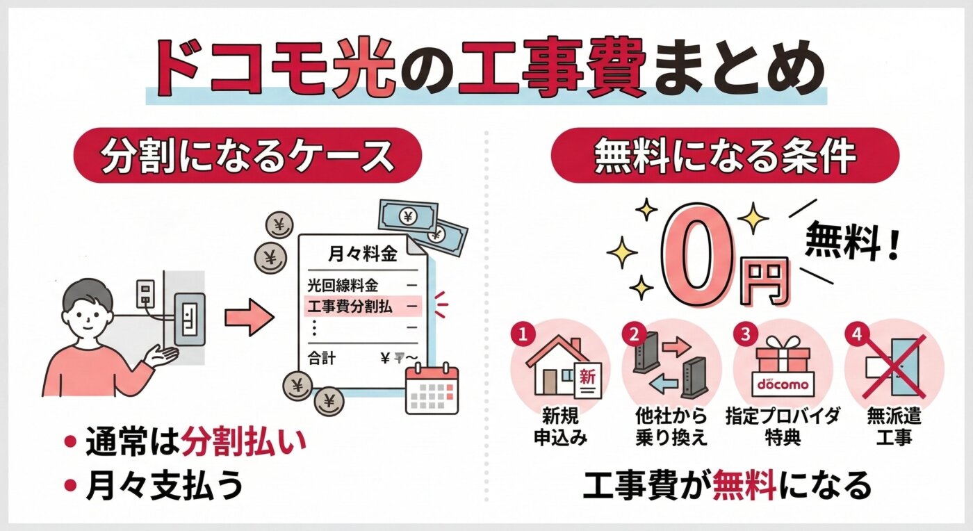 ドコモ光の工事費まとめ｜分割になるケースと無料になる条件を解説