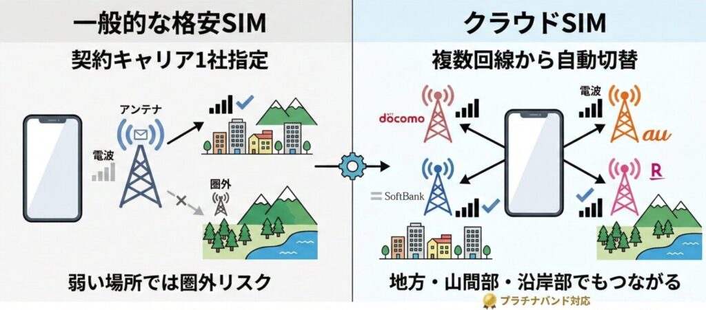 クラウドSIMを採用しているポケットWi-Fiは大手3キャリアのどれにも偏ることもなく、場所に応じて適切な電波をキャッチするのでエリアの心配が不要なWi-Fiということになります。もちろんプラチナバンドにも対応。
