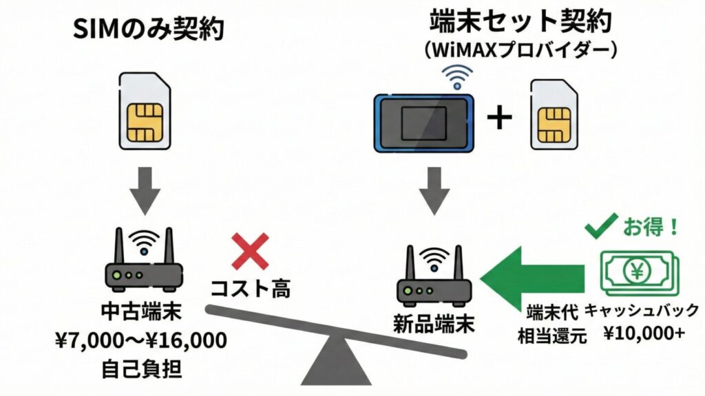 SIMのみの契約を検討している場合でも、WiMAX＋5Gが利用できる専用端末は別途必要になります。であれば、端末を取り扱っているWiMAXプロバイダから購入し、端末代相当の10,000円以上のキャッシュバックを受け取ったほうが、結果的にコストを抑えられ、新品端末も手に入るためお得です。