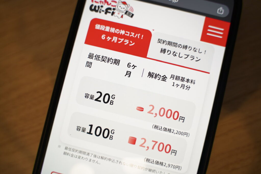 100GBで一番安い「にゃんこWi-Fi」