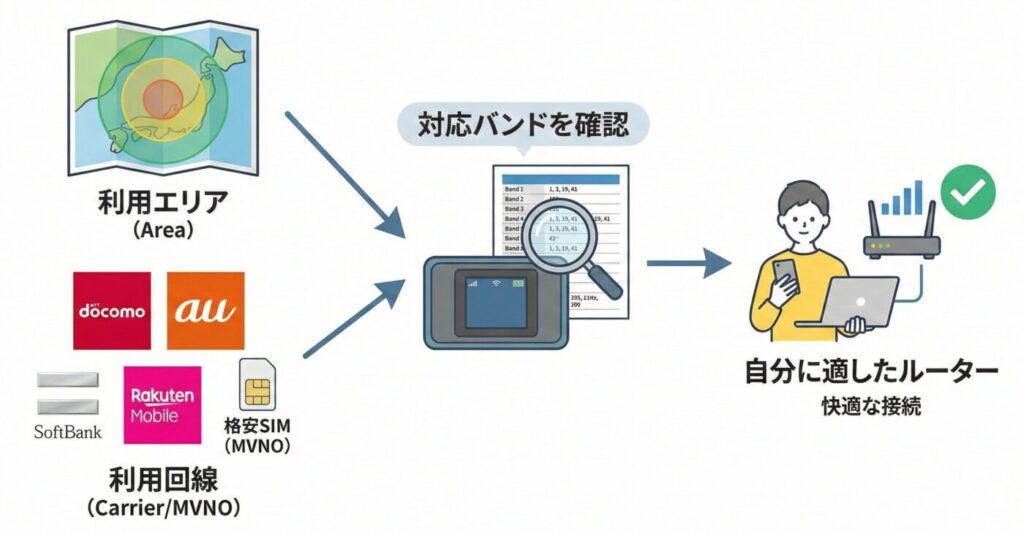ルーター選びの重要ポイントは「利用エリア」「利用回線」「対応バンド」をしっかりチェックすることで、最も自分に適したルーターを選ぶことができる。