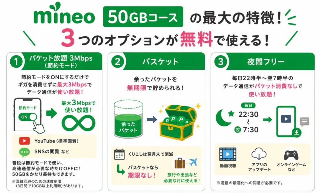 mineo 50GBコースで無料利用できるパケット放題 Plus・パスケット・夜間フリーの3つのオプションと特徴