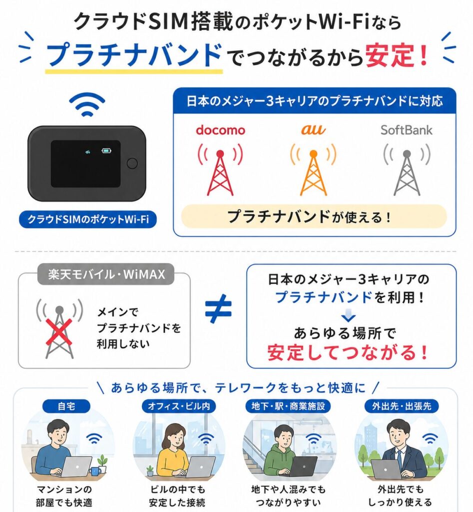 クラウドSIM対応のポケットWi-Fiは国内3キャリアのプラチナバンドを利用できるため、自宅やオフィス、地下、外出先でも安定した通信でテレワークがしやすい。