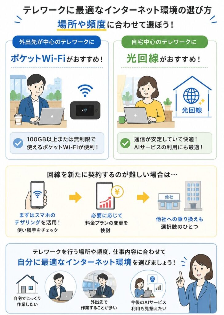 テレワークは外出先なら100GB以上または無制限のポケットWi-Fi、自宅中心なら通信が安定した光回線がおすすめで、契約が難しい場合はスマホのテザリングから試す方法もある。