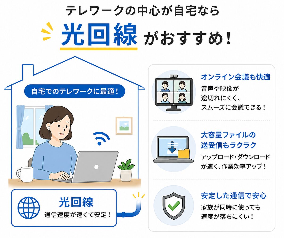 自宅を中心にテレワークするなら、オンライン会議や大容量ファイルの送受信も快適に行える通信速度と安定性に優れた光回線が適している。