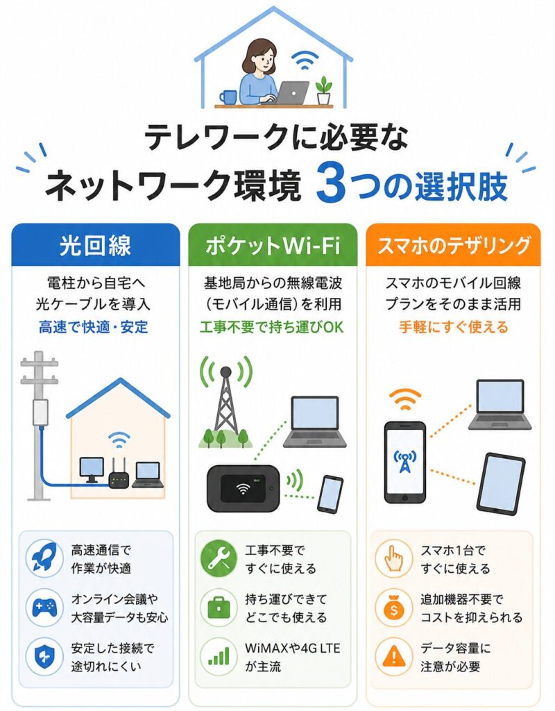 テレワークで利用できるネットワーク環境として、光回線・ポケットWi-Fi・スマホのテザリングの3つの選択肢を比較